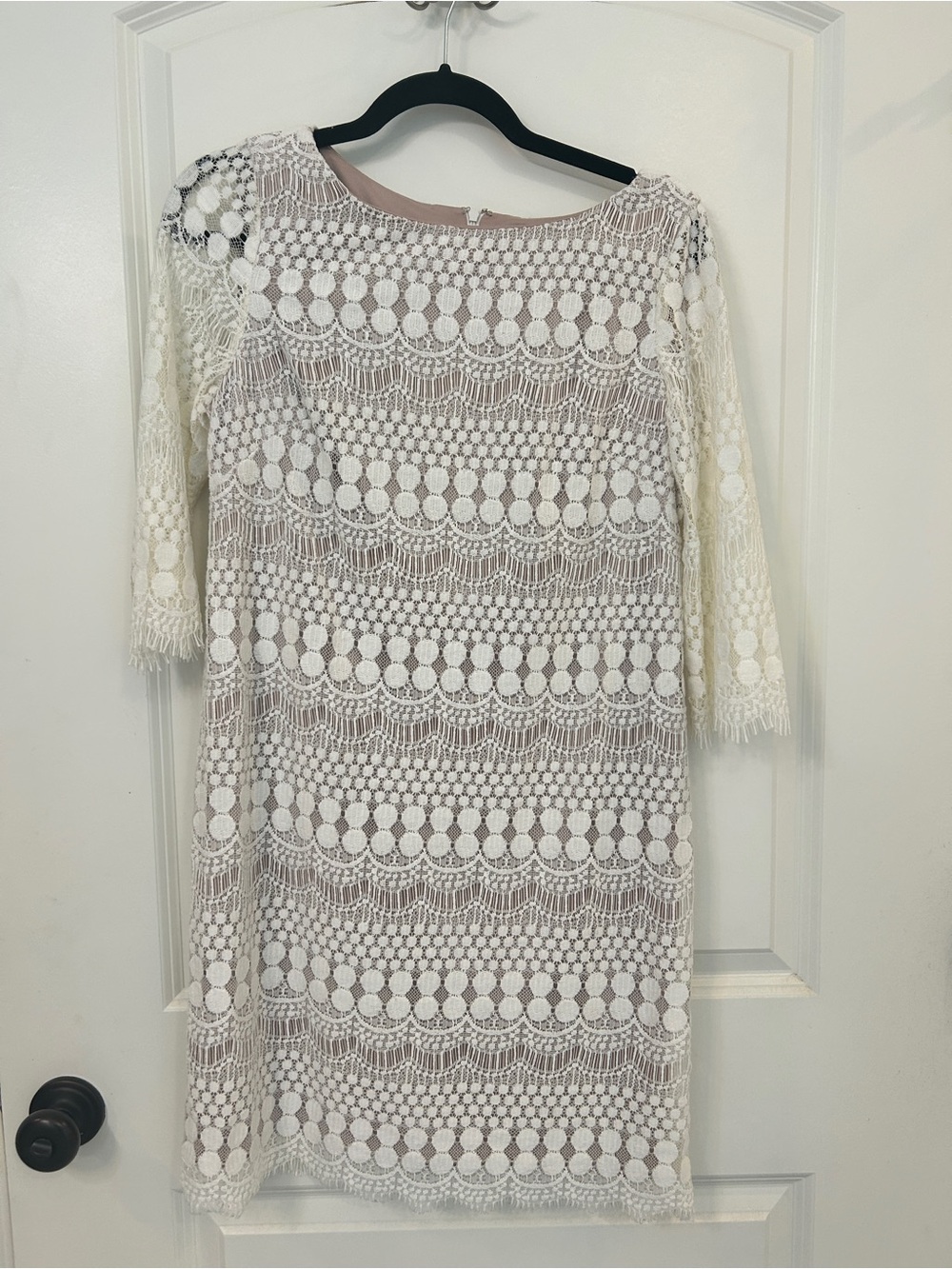 Ivory Lace Long-Sleeve Sheath Dress with Nude Lining